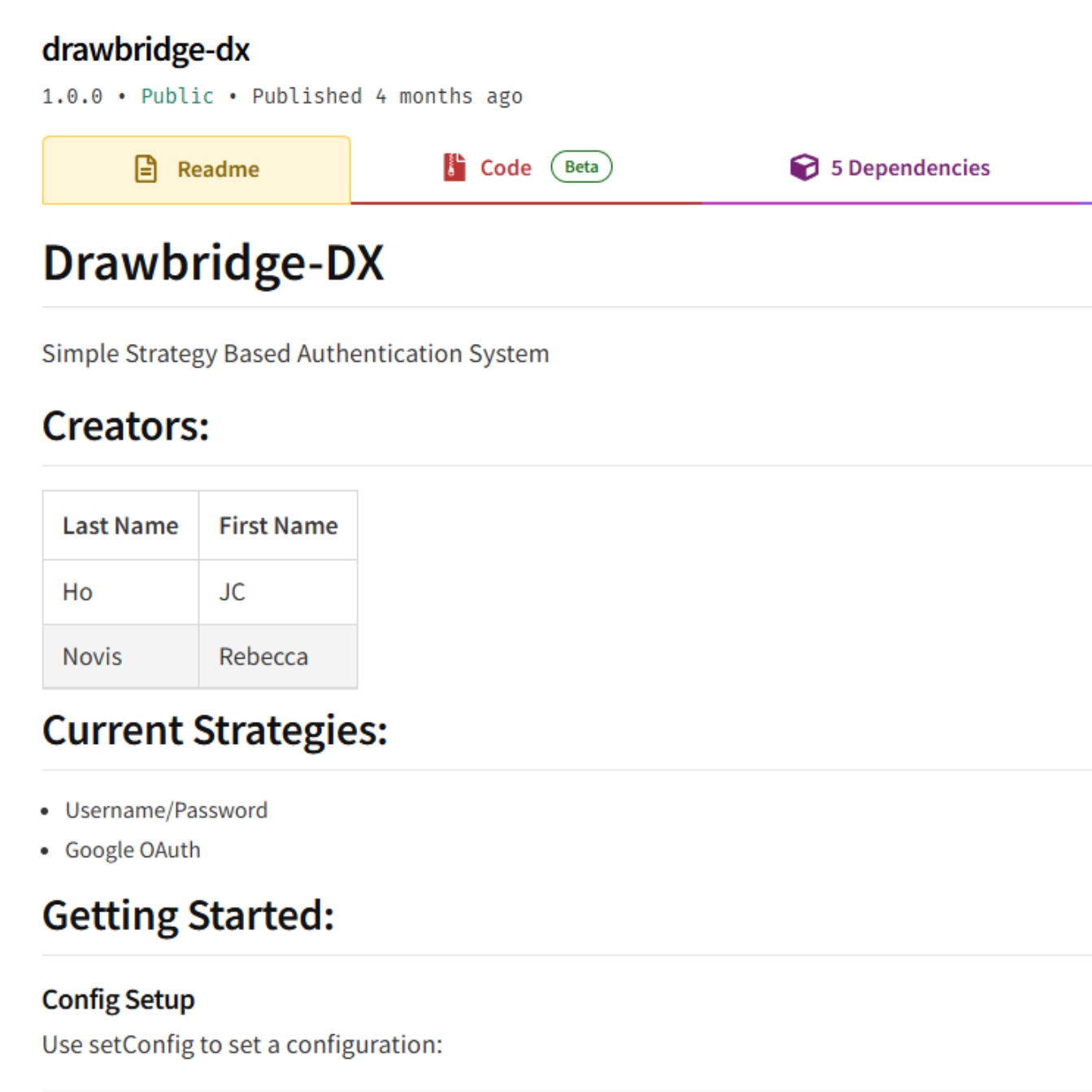 A screenshot of Drawbridge-DX on npmjs.com.