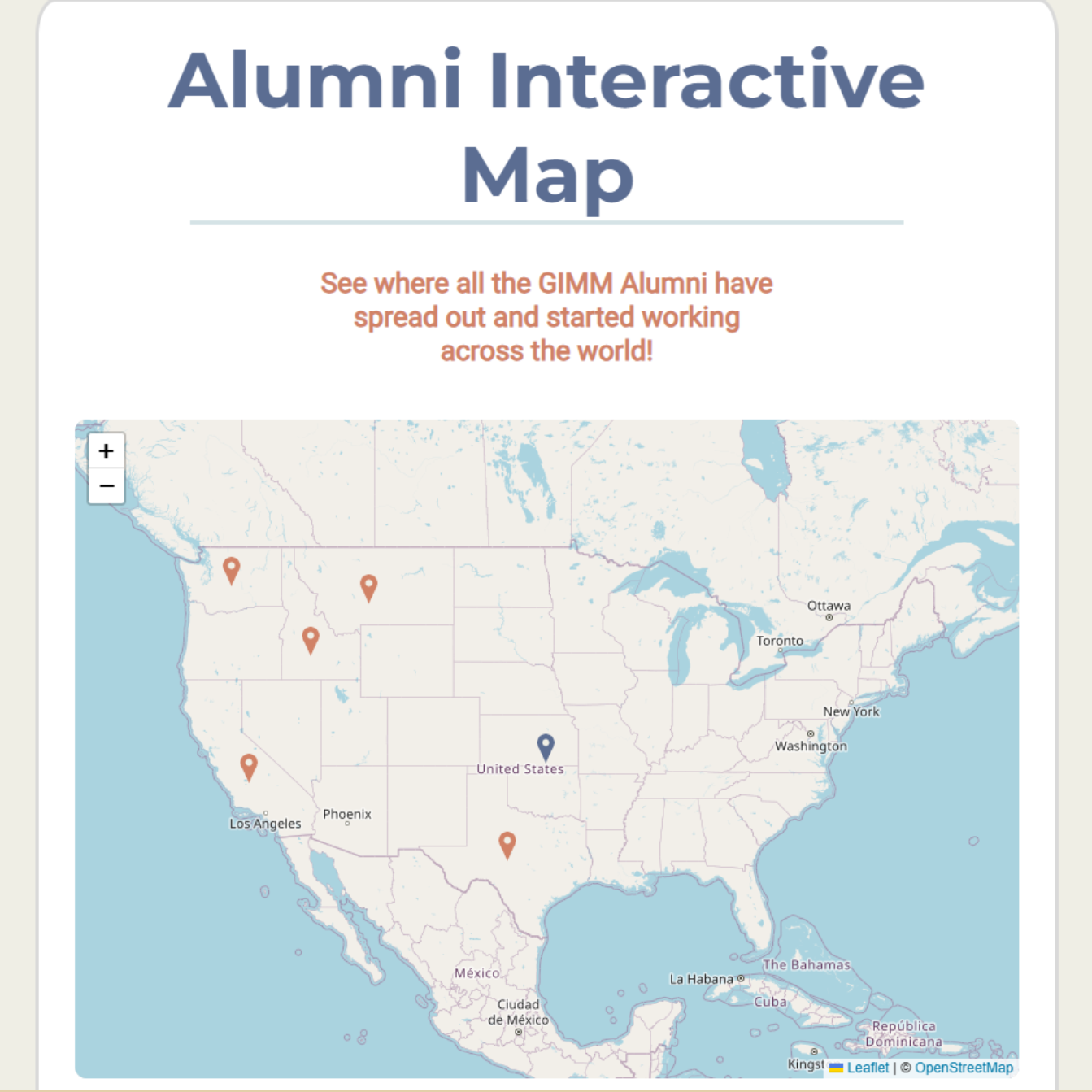 A screenshot of the homepage of the GIMM Alumni website.