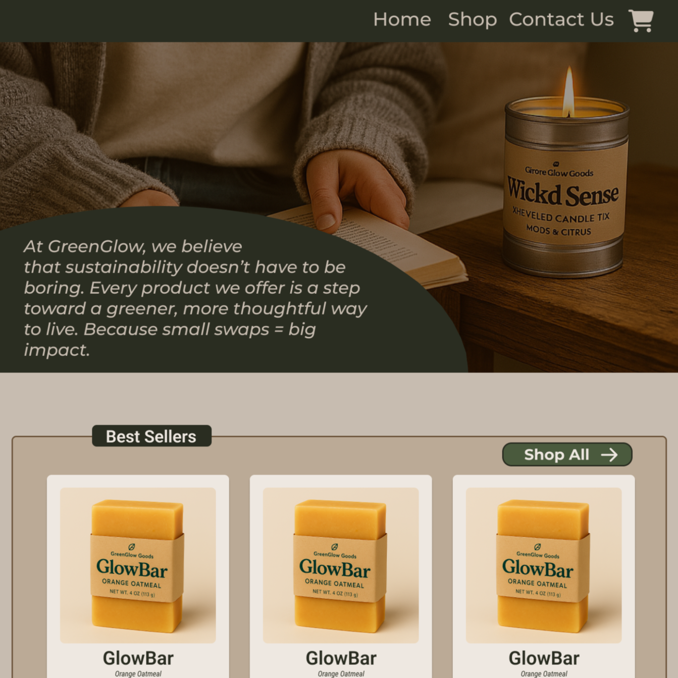 Part of the Figma design for the homepage of the Green Glow Goods website.