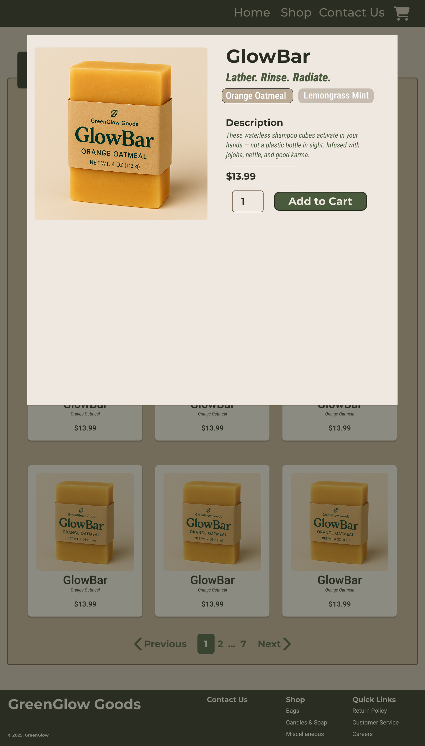 The Figma design of the shop page with the product info overlay.