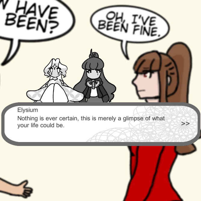 A screenshot from the interactive comic Pursuit of Time. It shows two greyscale girls standing next to each other set against a colorful comic panel. Below the two girls is a textbox with dialouge.