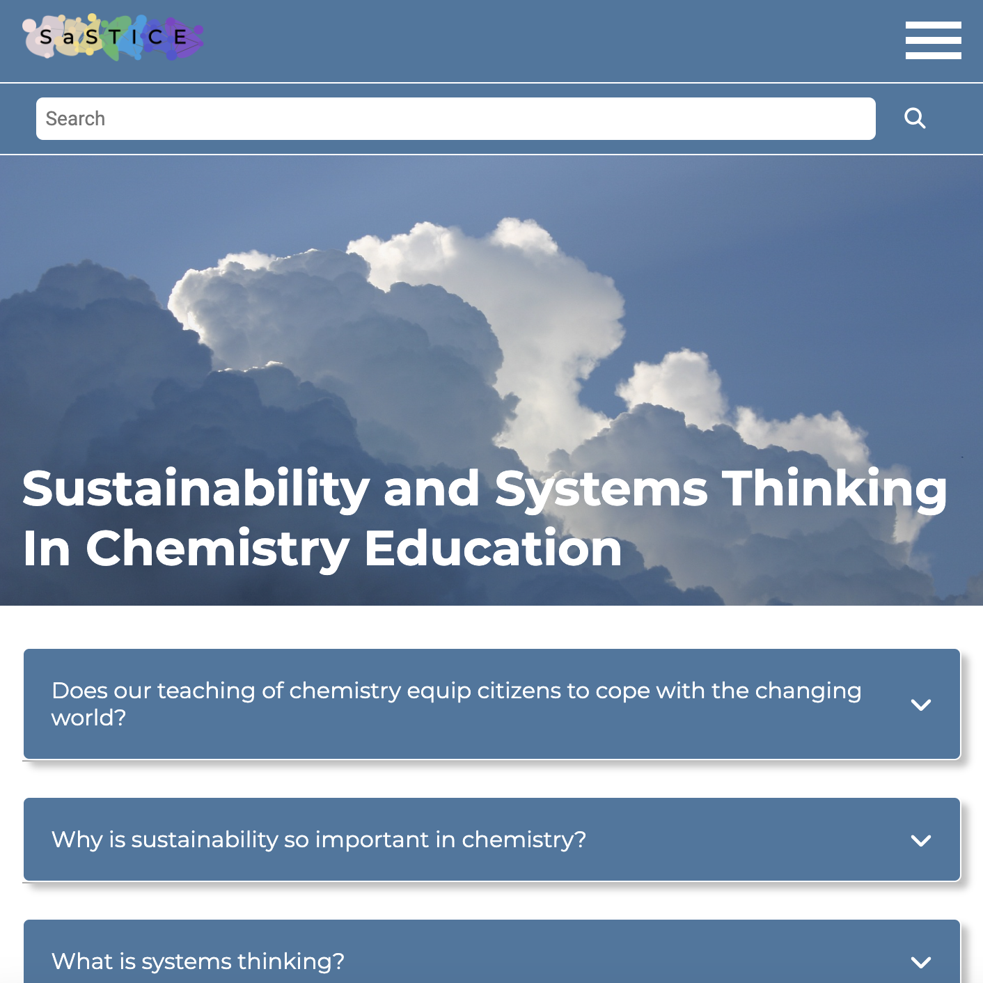 A screenshot of the home page of the Sustainability and Systems Thinking In Chemistry Education website. It shows the navigation bar, the search bar, the name of the website, and three informational drop downs.