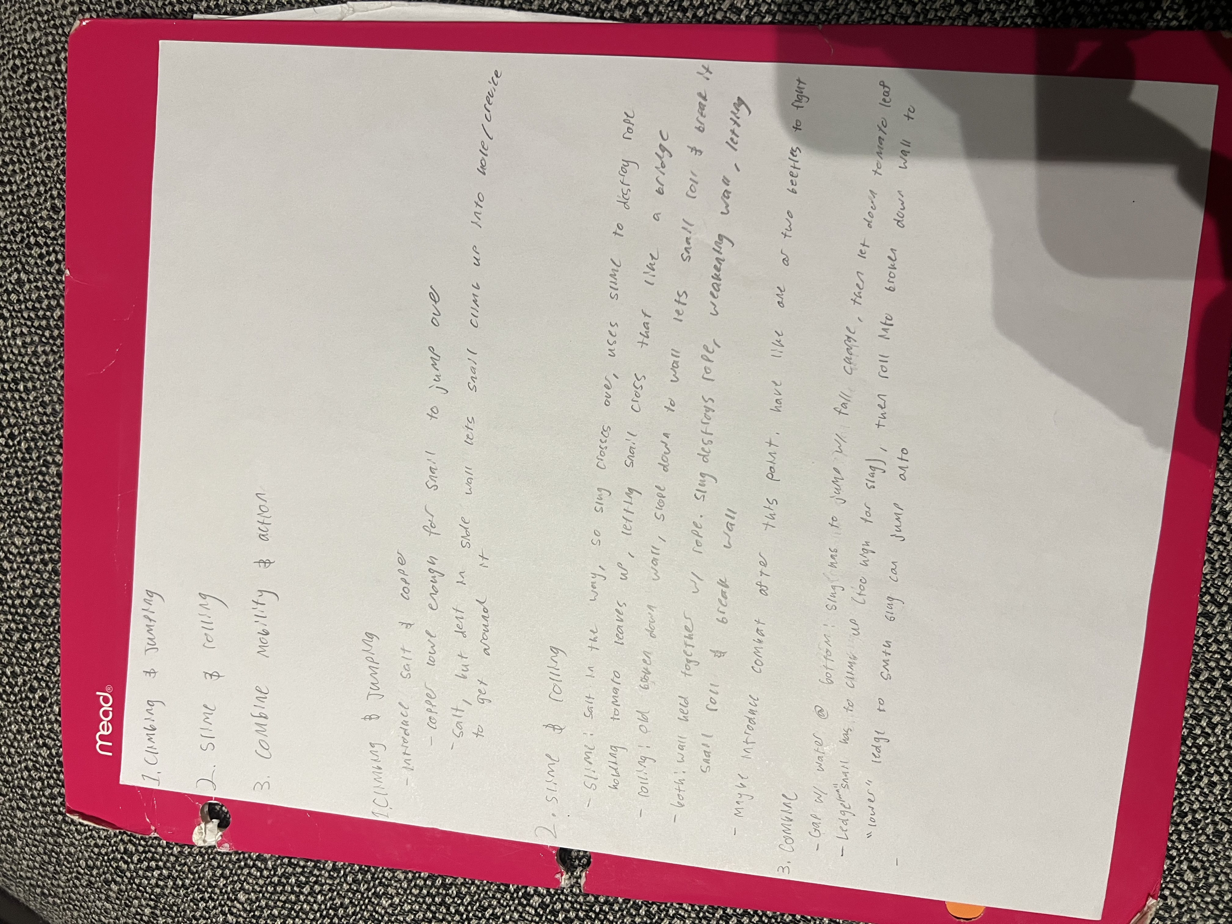 A photo of a piece of paper with potential ideas written out.