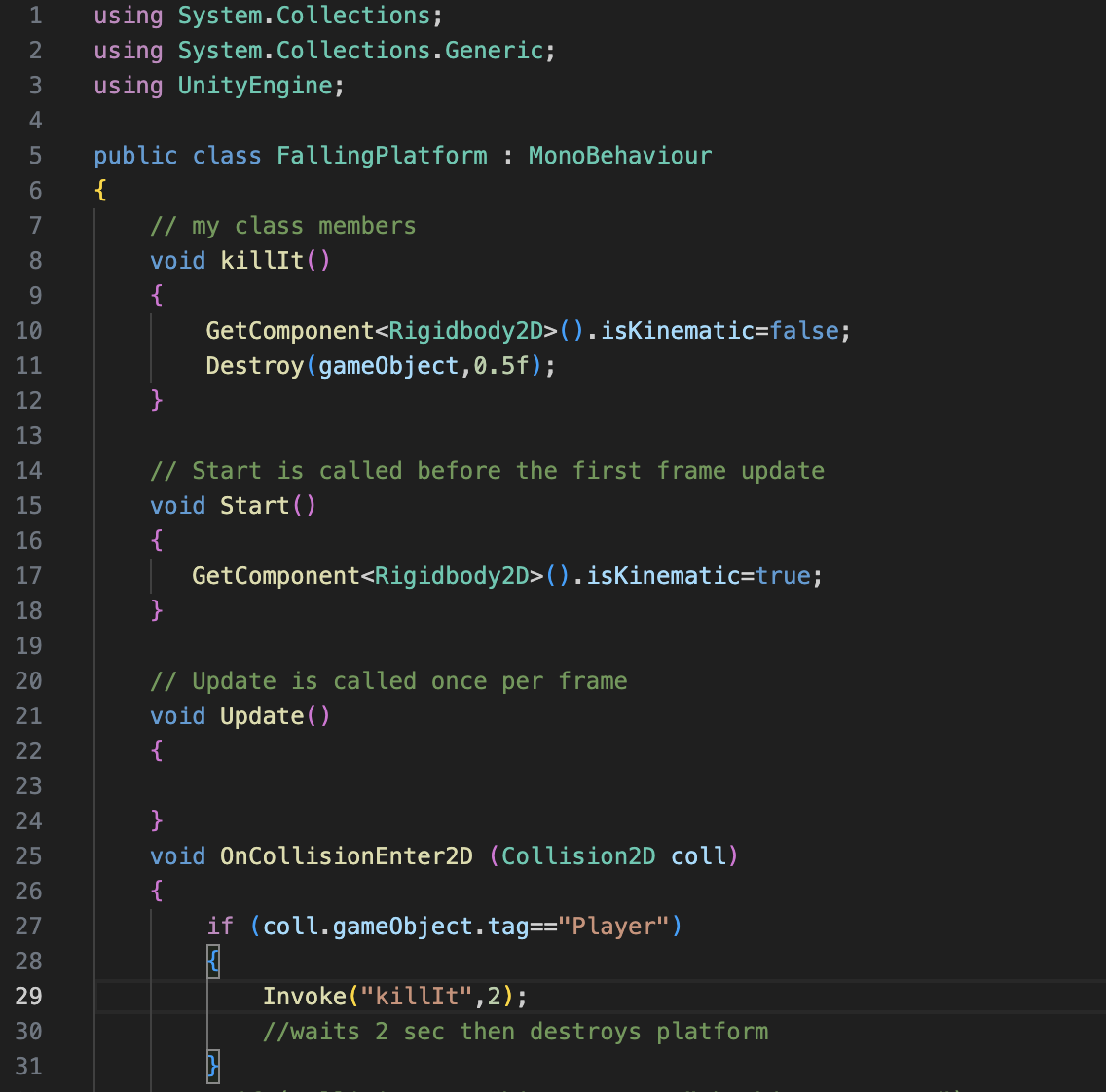 A screenshot of the C# script FallingPlatform from the game Star Bay