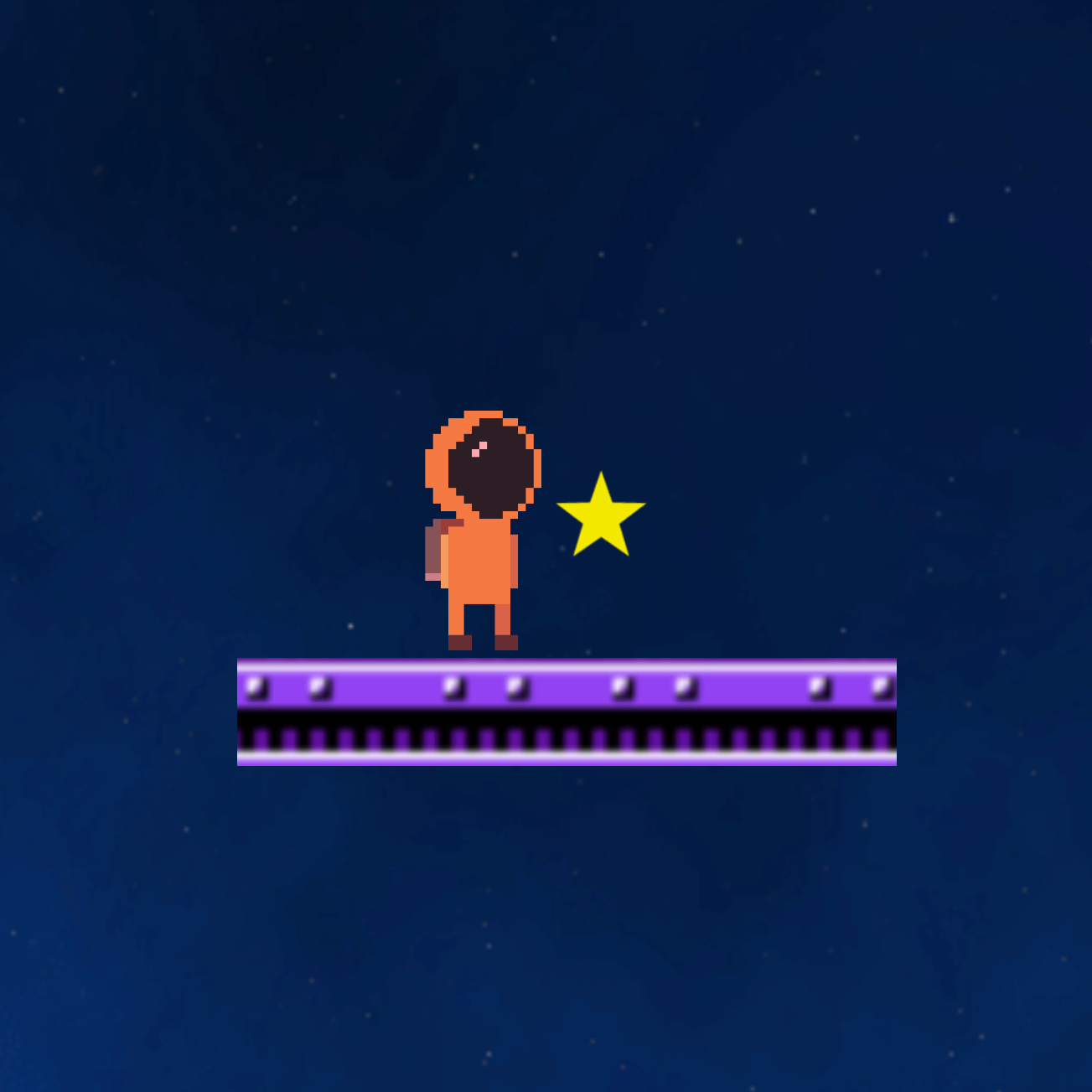 A screenshot from the game Star Bay showing a pixle art orange astronaut on a purple platform with a yellow start to the right of the astronaut.