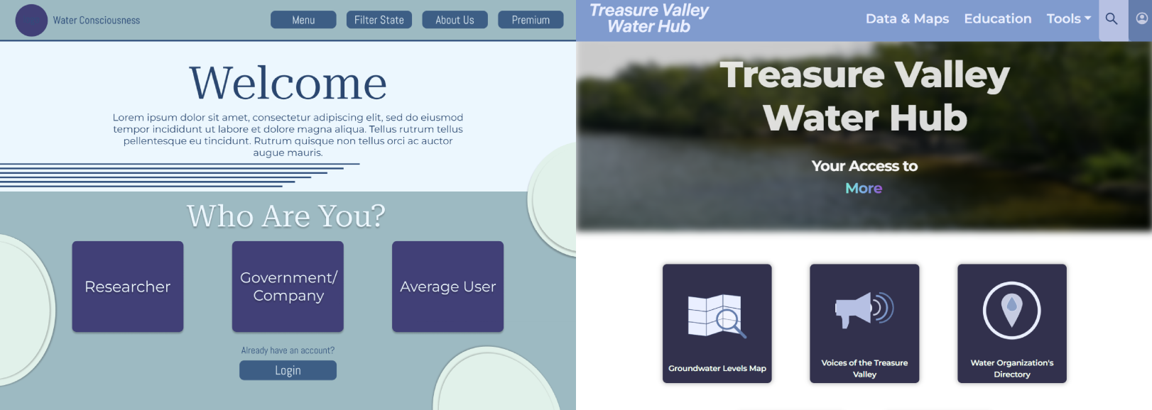 A screenshot from the Figma used to design the website, and a screenshot from the homepage of the website.
