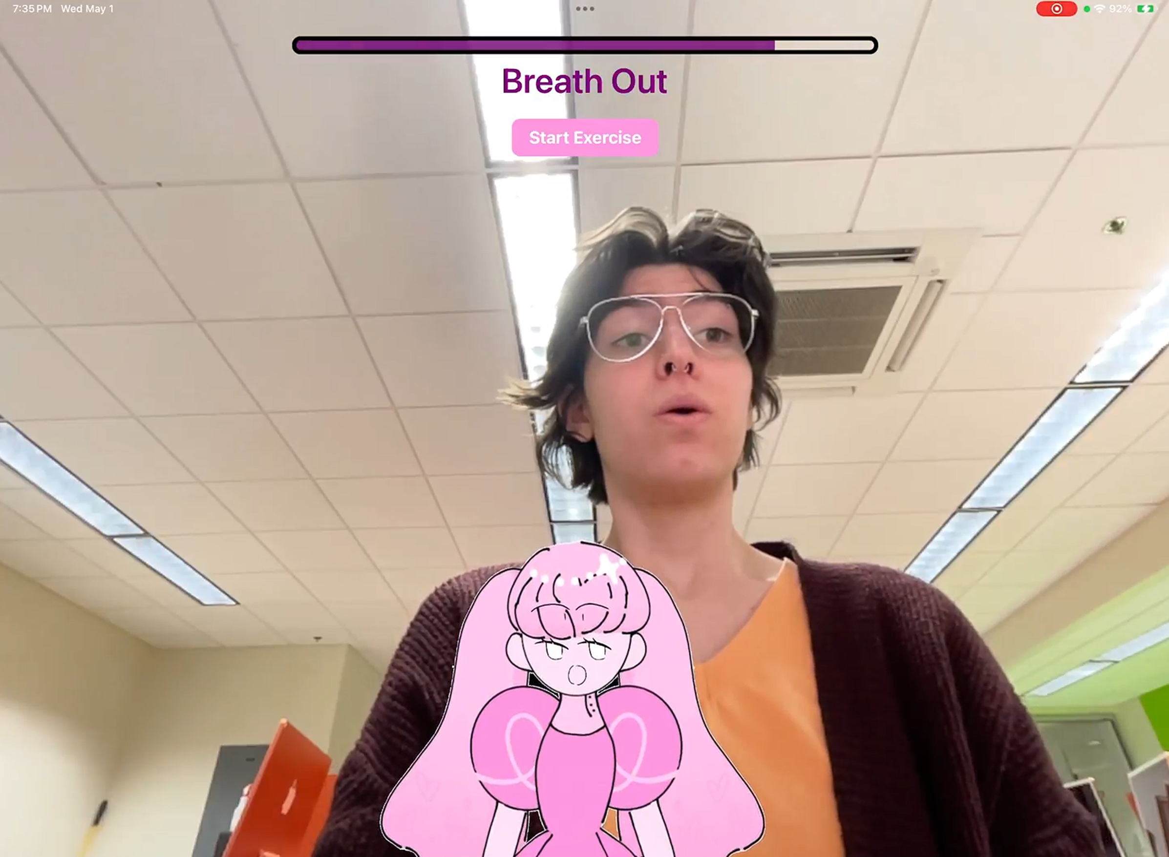 A screenshot of Rebecca performing the breathing exercise in app.