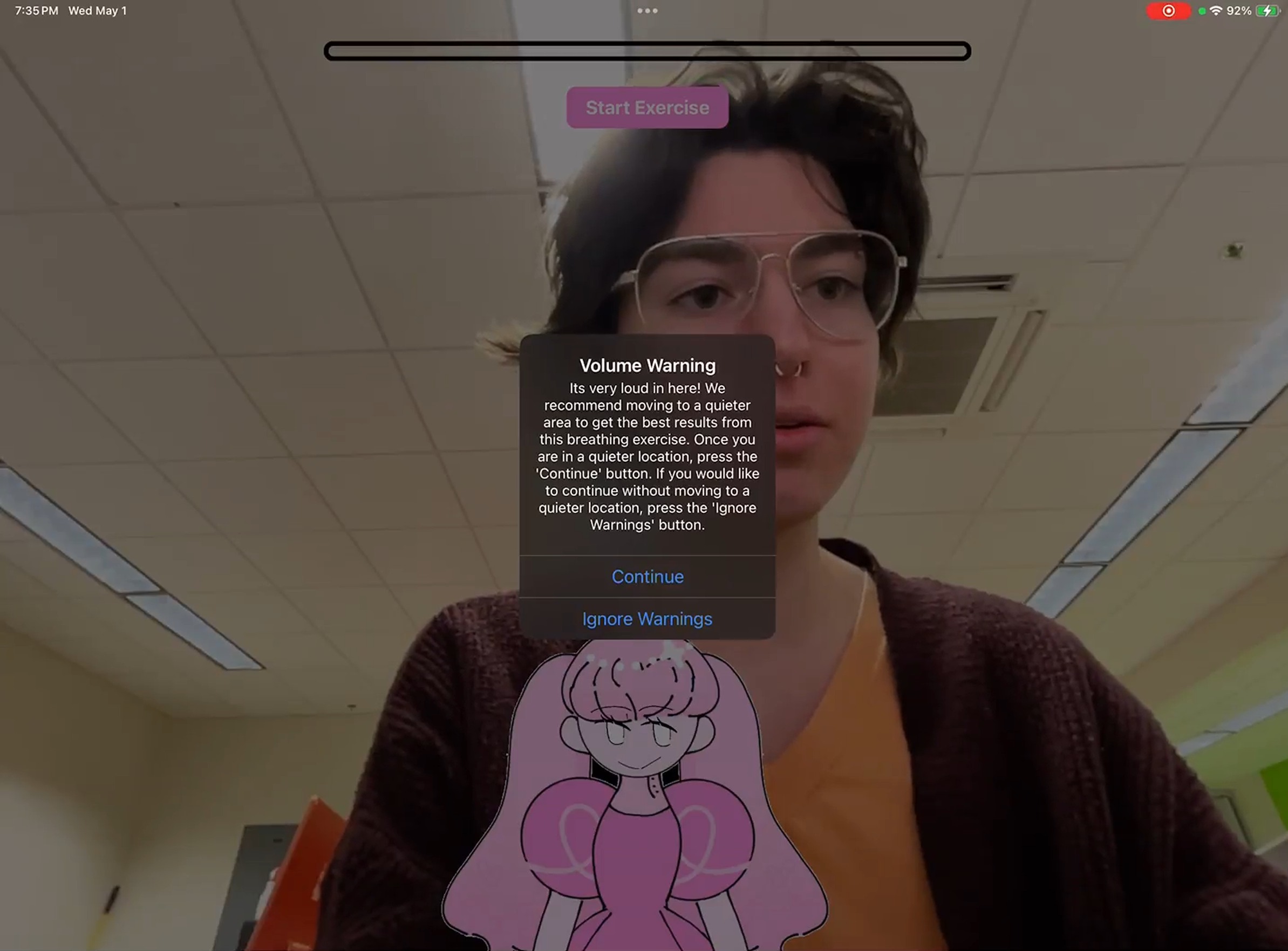 A screenshot of the volume warning that shows up when it is too loud.