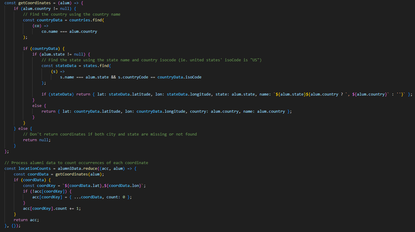 A screenshot of the code used to get the needed info for the map markers.