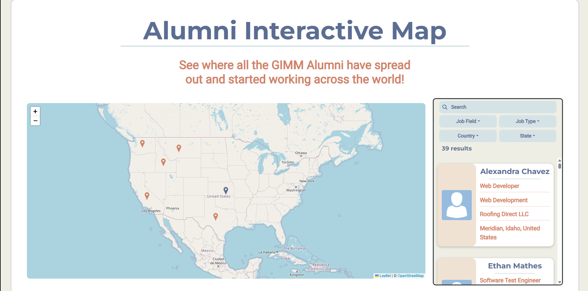 A screenshot of the GIMM Alumni home page