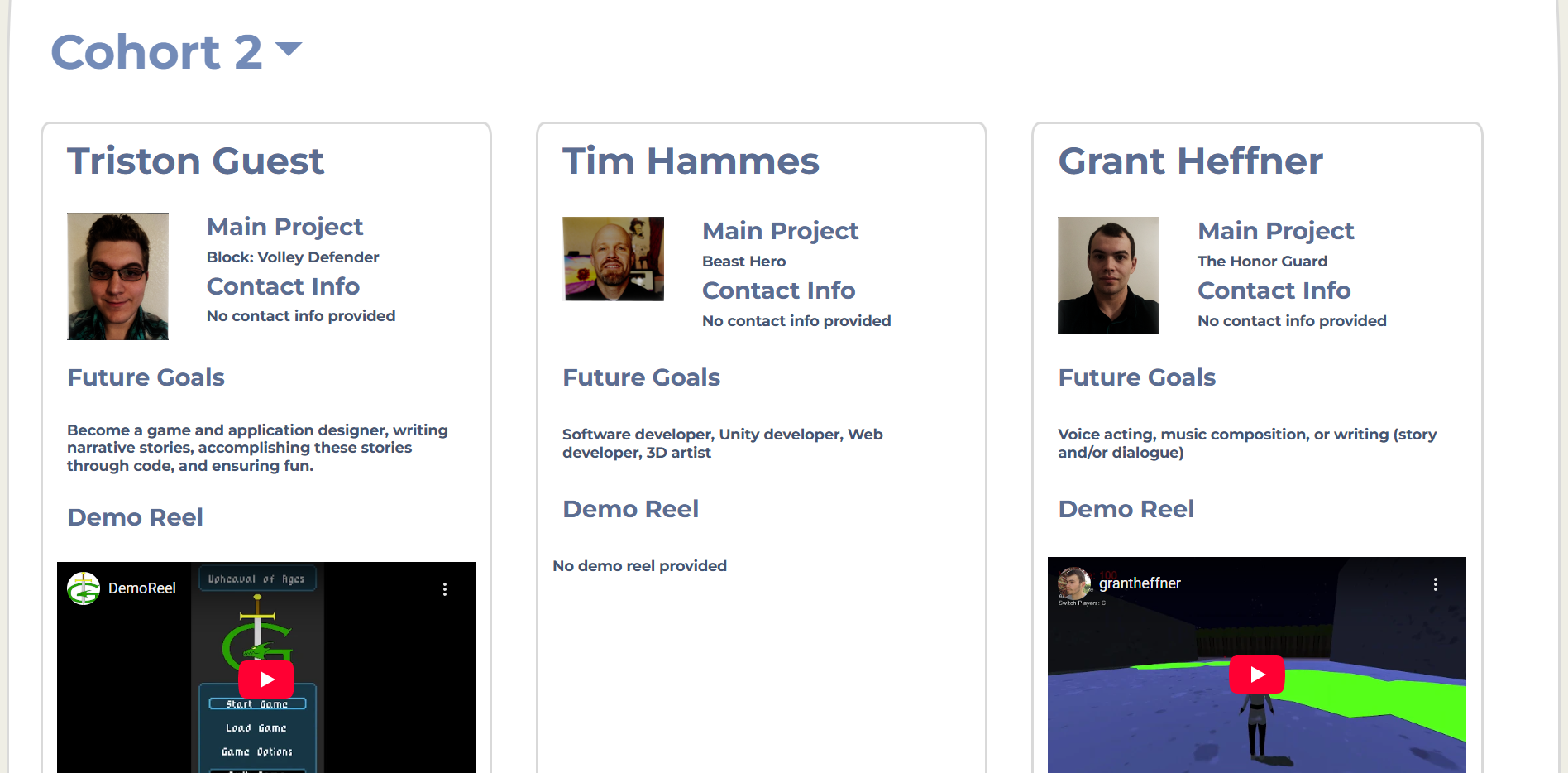 A screenshot of the Senior Showcase page.