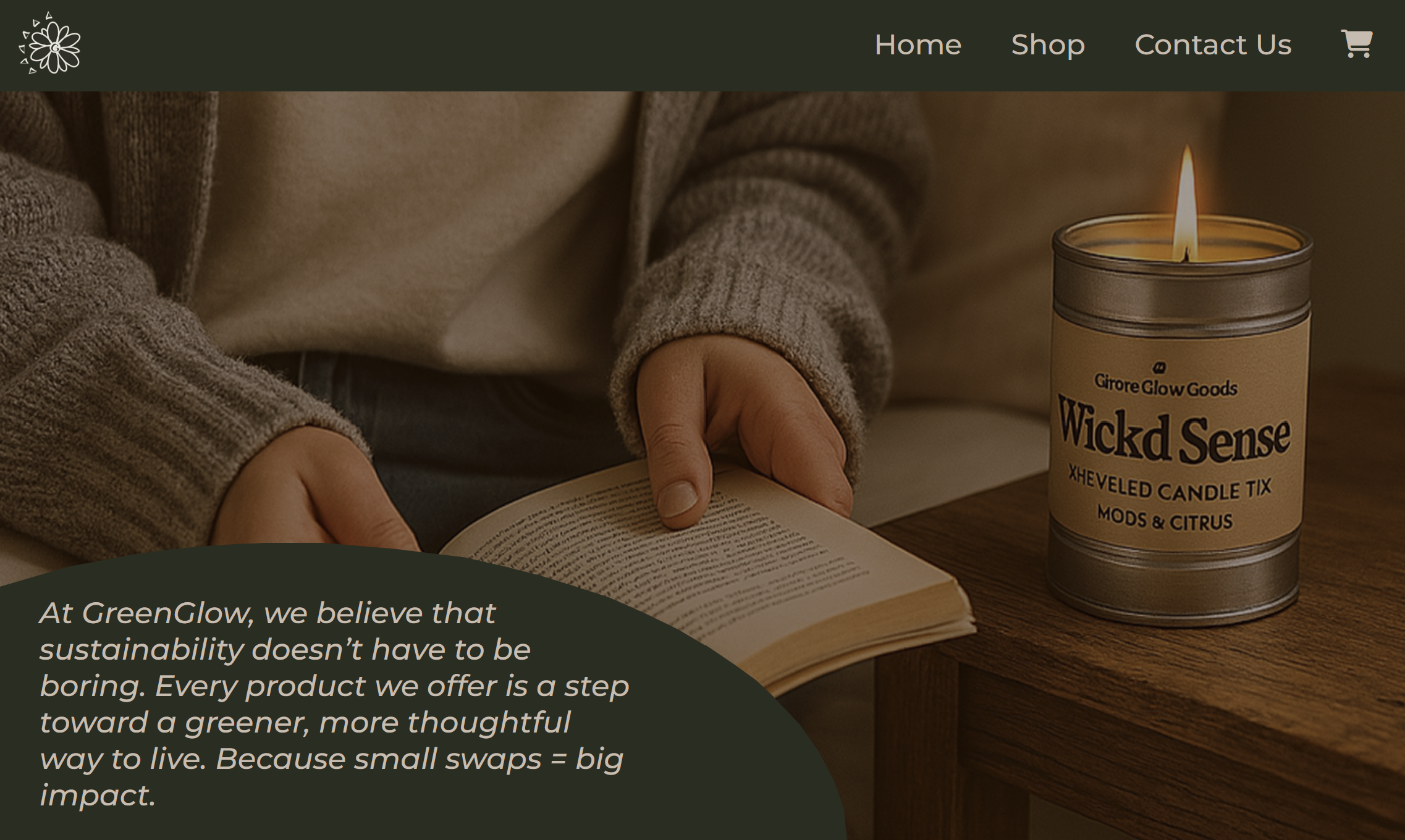 A screenshot of the Green Glow Goods home page