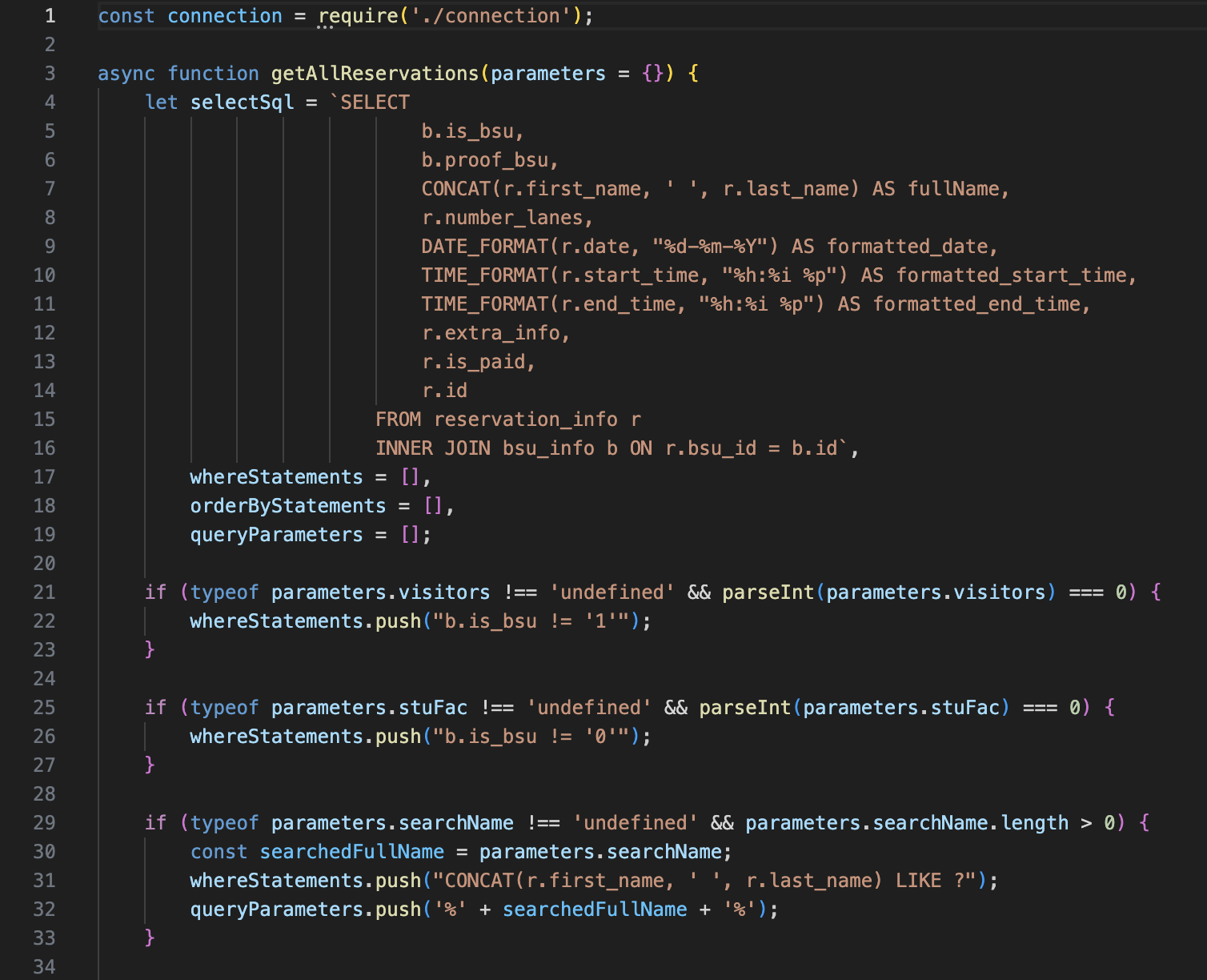 A screenshot of code from the reservation.js file for the Games Center Reservation website prototype