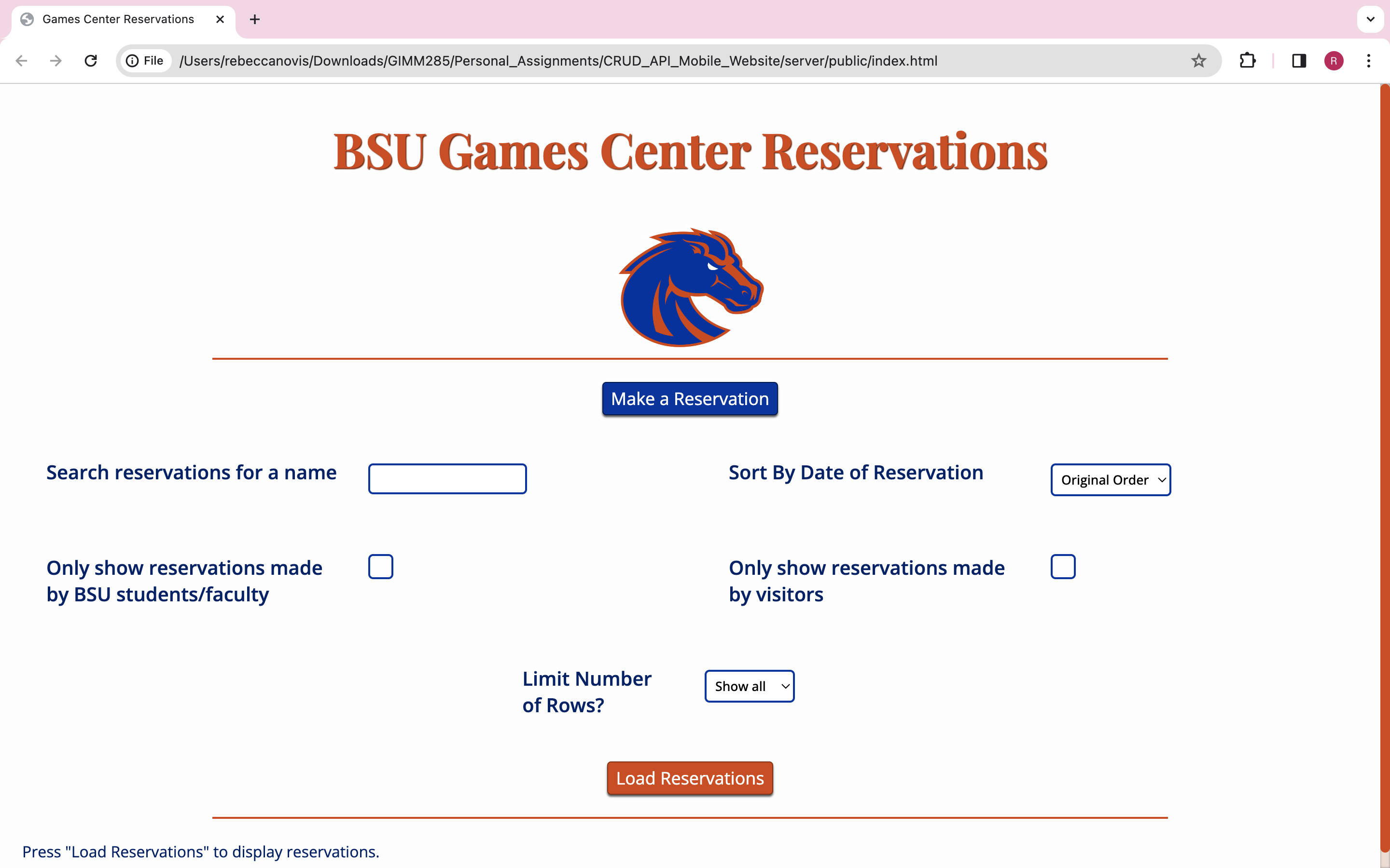 A screenshot from the Games Center Reservation website prototype